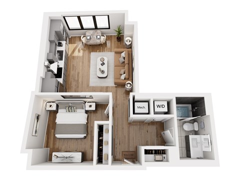Floor plan for 1 bed, 1 bath, 636 sqft